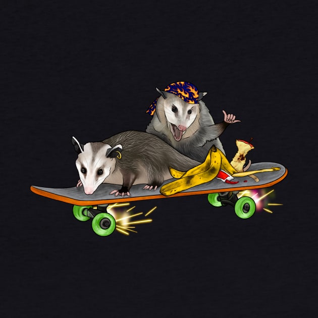 Rebellious Opossums On A Skateboard With Trash by Ashley D Wilson
